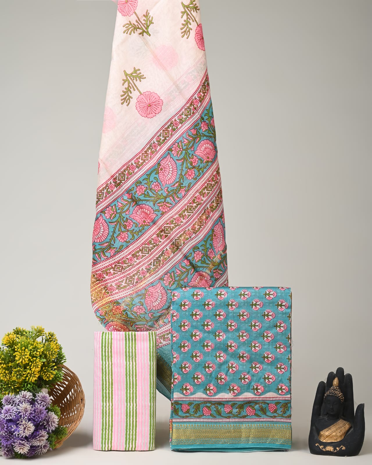 Blue peach butti Maheshwari silk dress material wholesale, handblock printed silk suit set by Fabtexs