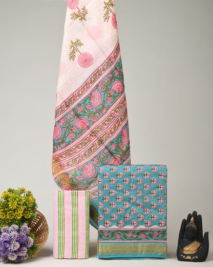 Blue peach butti Maheshwari silk dress material wholesale, handblock printed silk suit set by Fabtexs