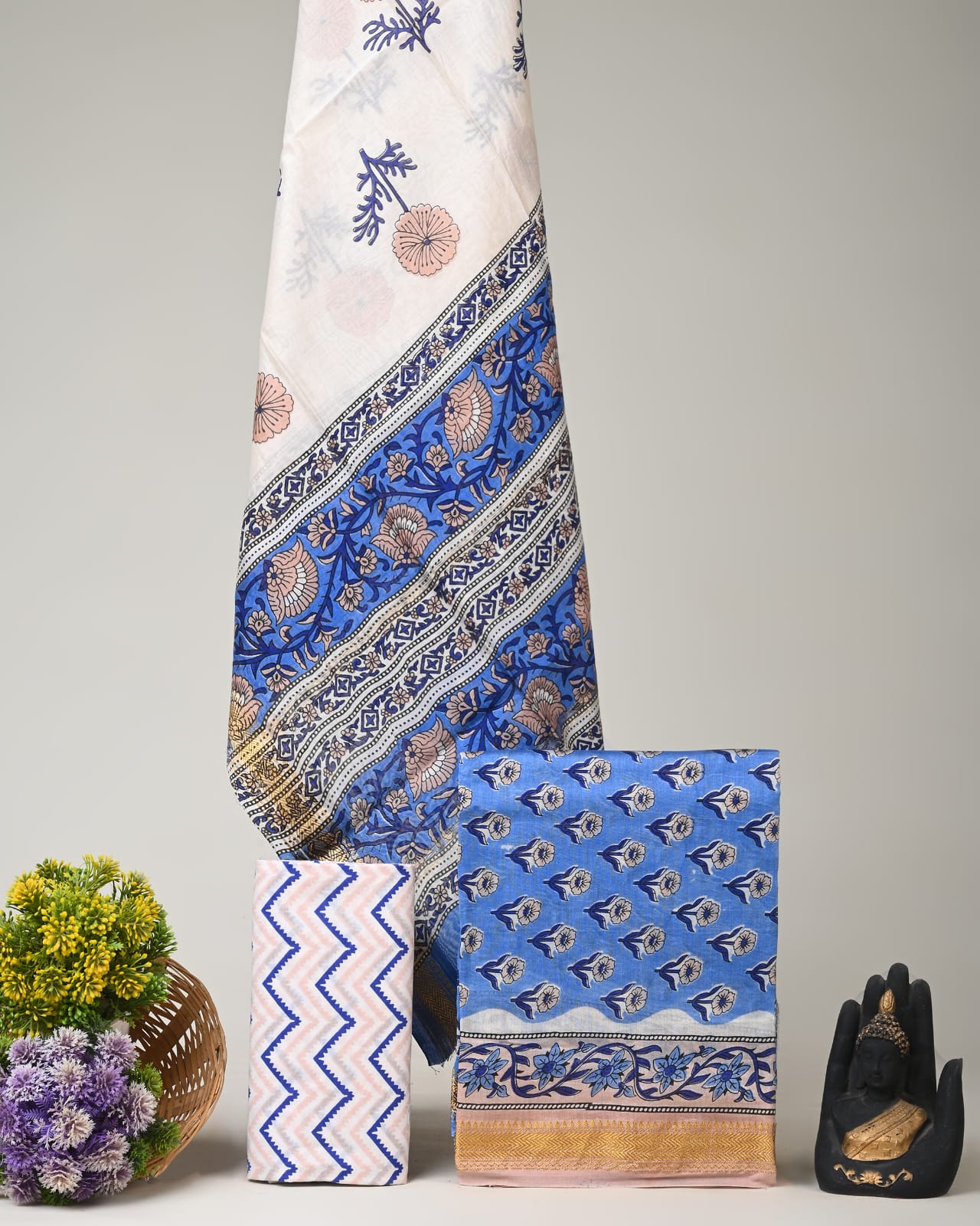 Blue white butti Maheshwari silk dress material wholesale, handblock printed silk suit set by Fabtexs