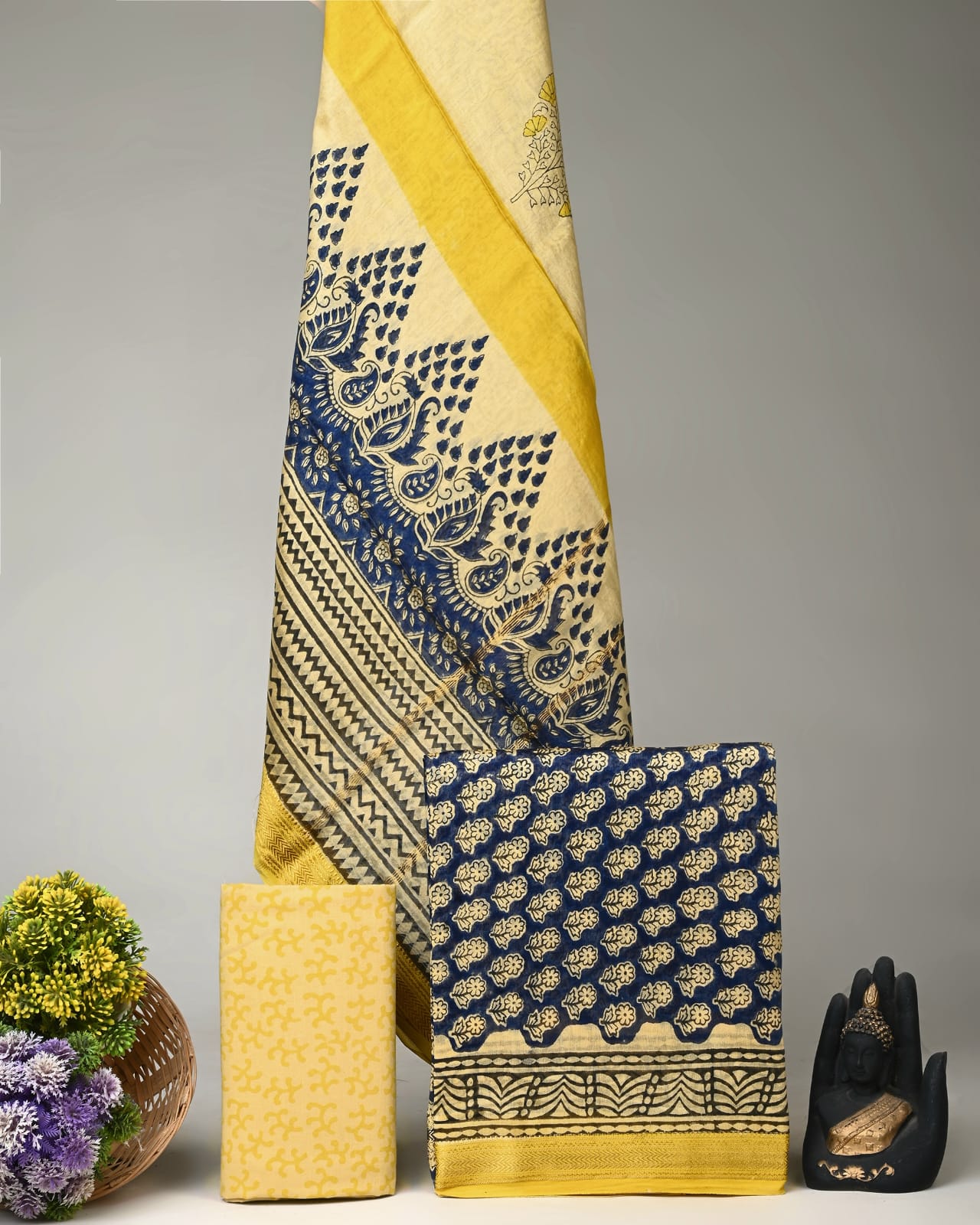 Blue yellow butti Maheshwari silk dress material wholesale, handblock printed silk suit set by Fabtexs