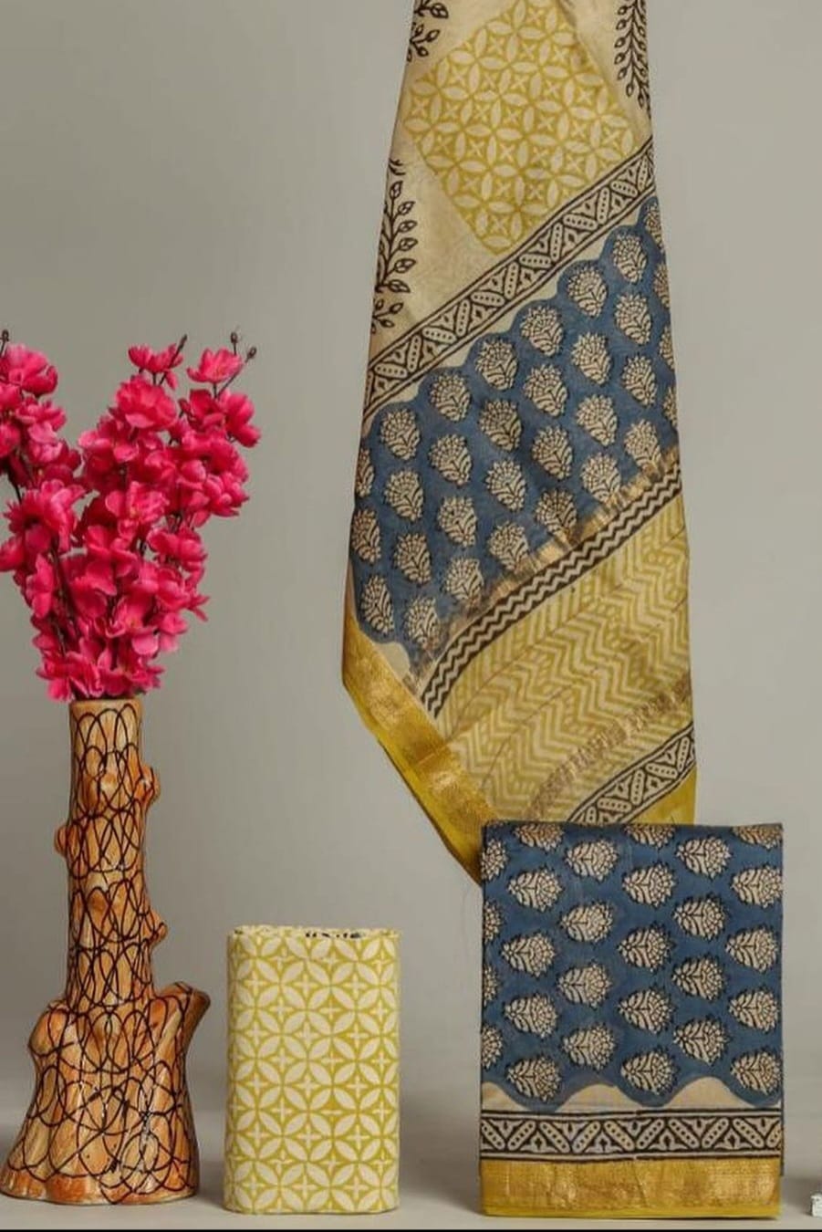 Blue yellow Maheshwari silk dress material wholesale, handblock printed silk suit set by Fabtexs