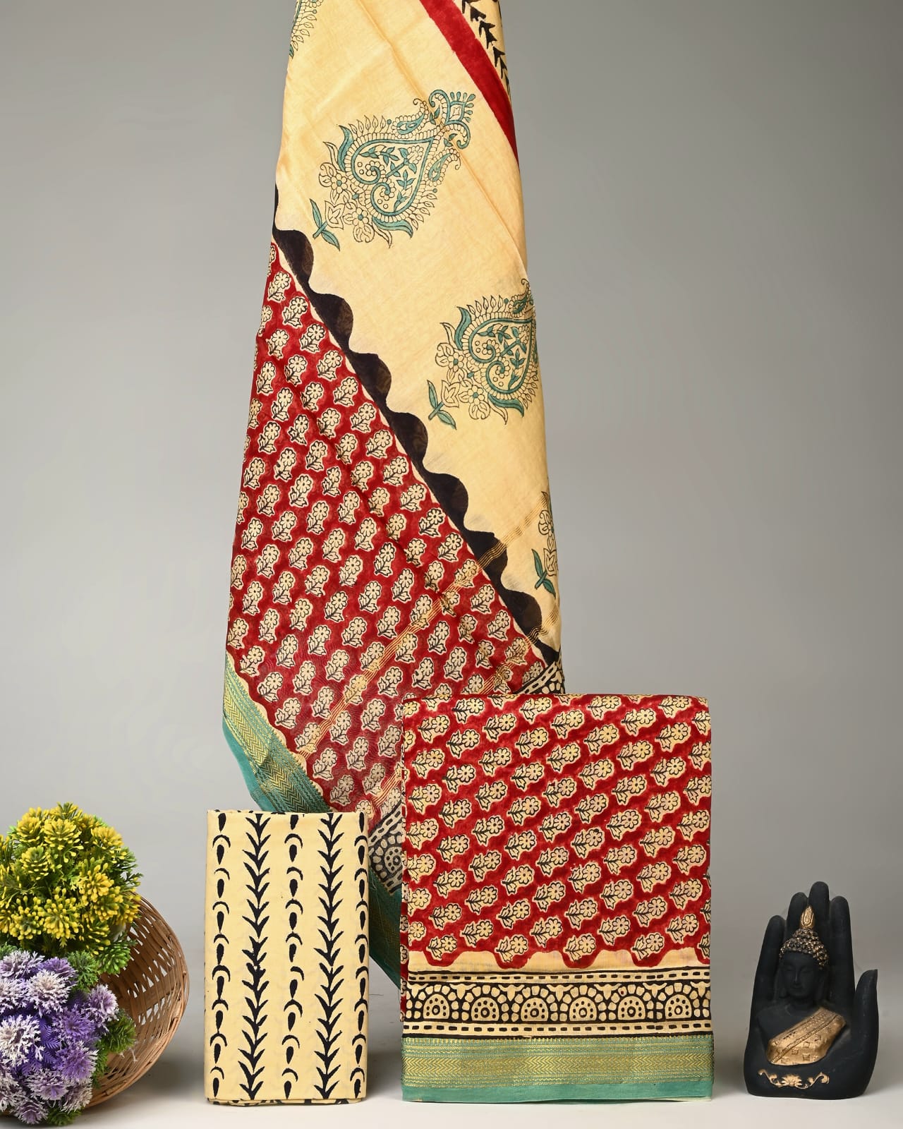 Cream red Maheshwari silk dress material wholesale, handblock printed silk suit set by Fabtexs