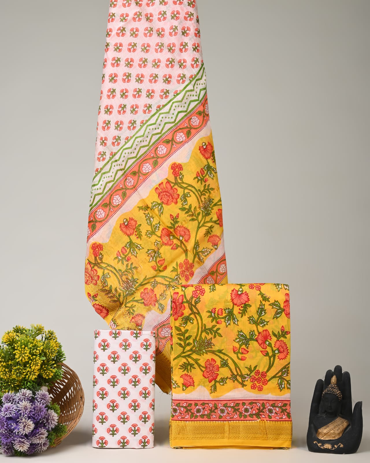 Fresh yellow jaal Maheshwari silk dress material wholesale, handblock printed silk suit set by Fabtexs