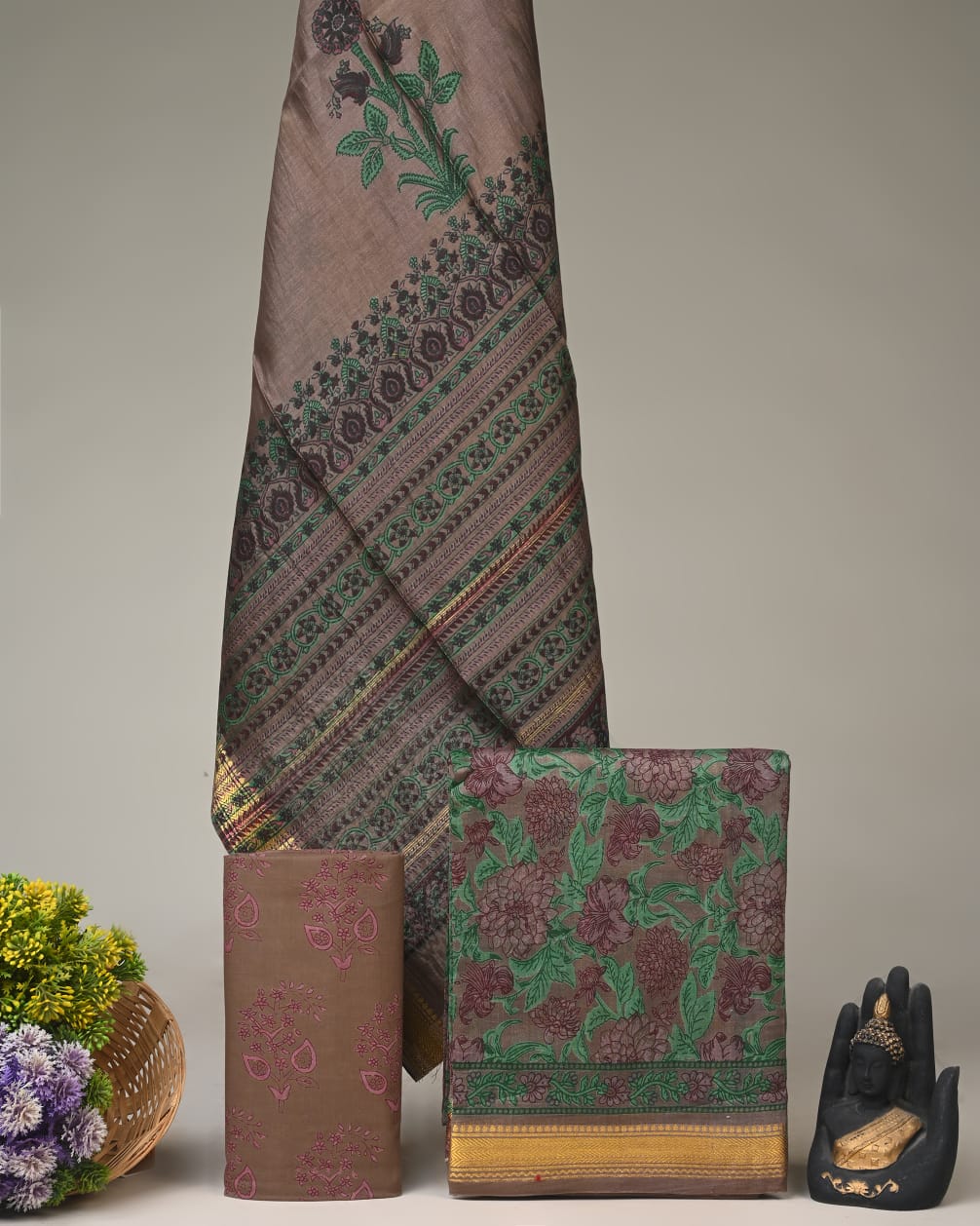 Green brown jaal Maheshwari silk dress material wholesale, handblock printed silk suit set by Fabtexs