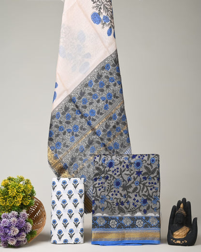 Grey Maheshwari silk dress material wholesale, handblock printed silk suit set by Fabtexs
