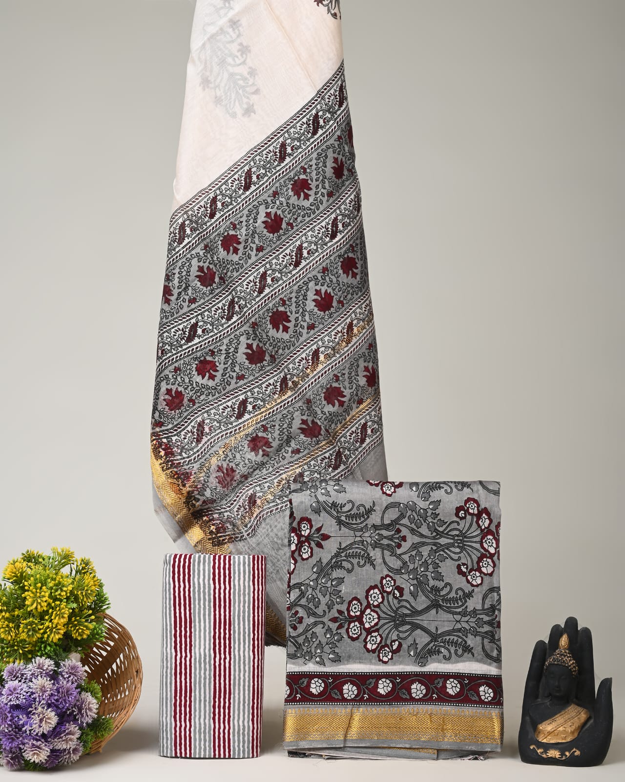 Grey jaal Maheshwari silk dress material wholesale, handblock printed silk suit set by Fabtexs