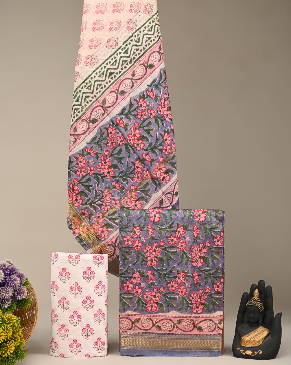 Grey pink Maheshwari silk dress material wholesale, handblock printed silk suit set by Fabtexs
