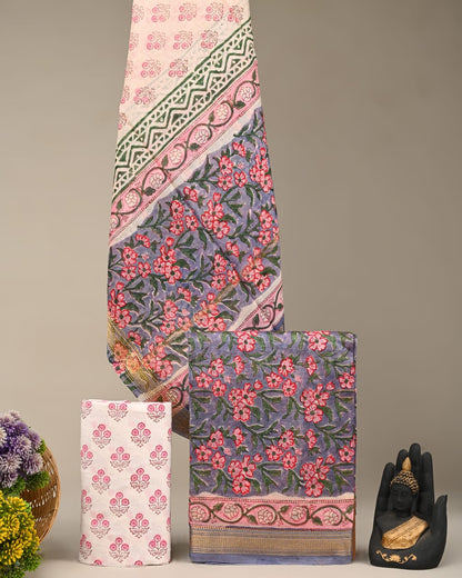 Grey pink Maheshwari silk dress material wholesale, handblock printed silk suit set by Fabtexs