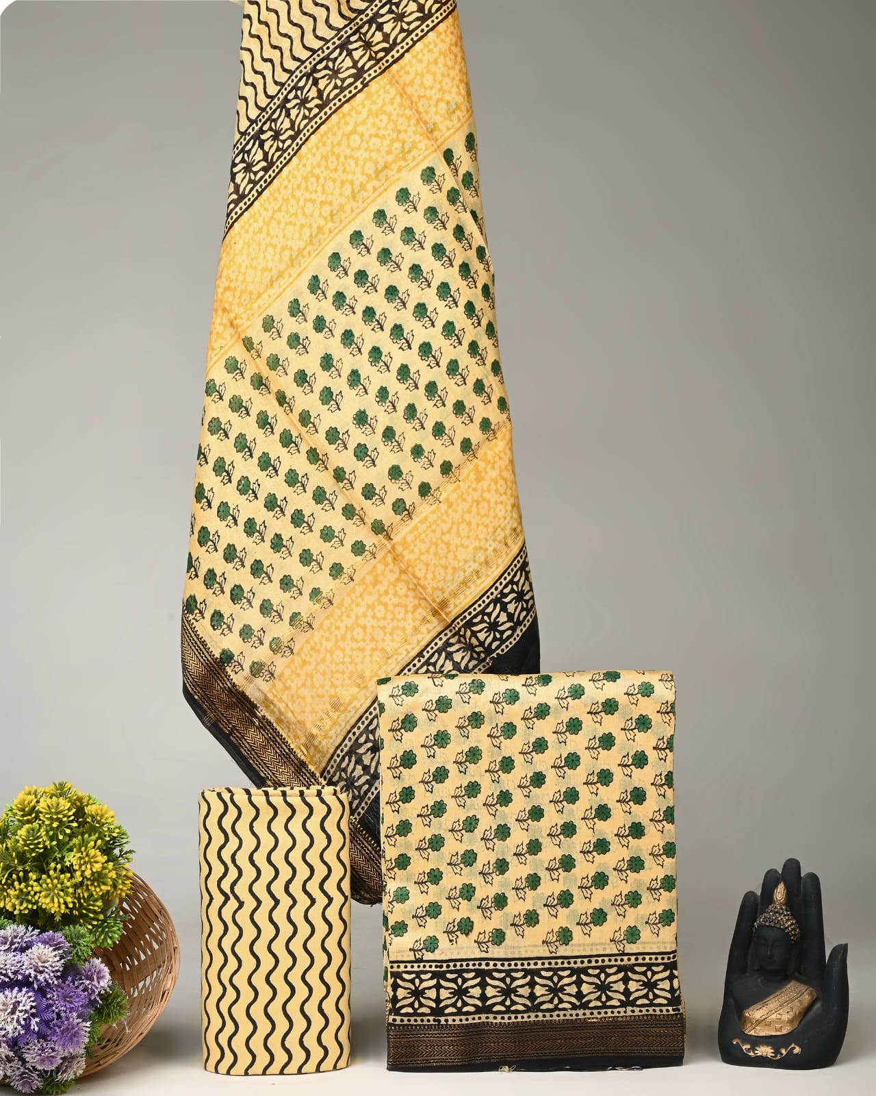 Lemon yellow Maheshwari silk dress material wholesale, handblock printed silk suit set by Fabtexs