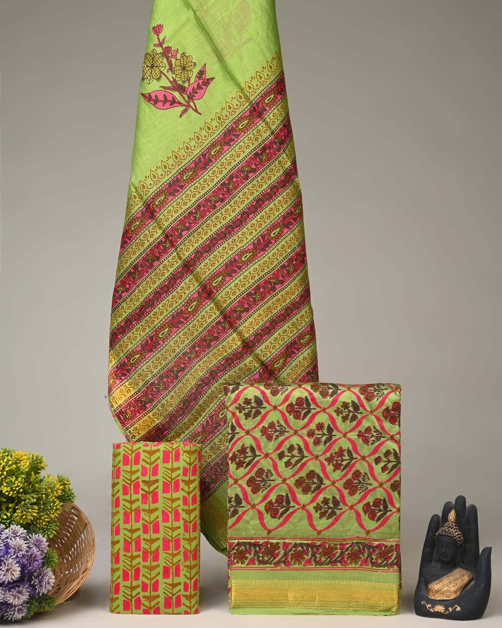 Lime green butti Maheshwari silk dress material wholesale, handblock printed silk suit set by Fabtexs