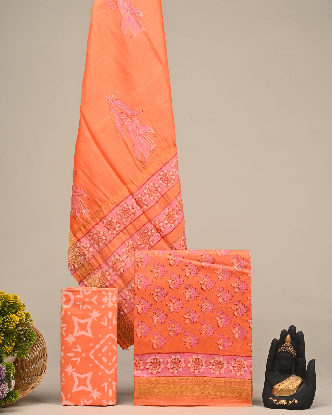 Peach Maheshwari silk dress material wholesale, handblock printed silk suit set by Fabtexs