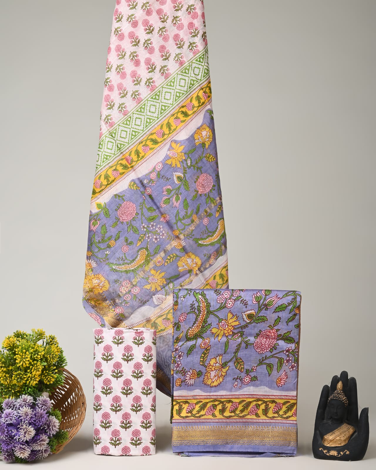 Powder blue Maheshwari silk dress material wholesale, handblock printed silk suit set by Fabtexs