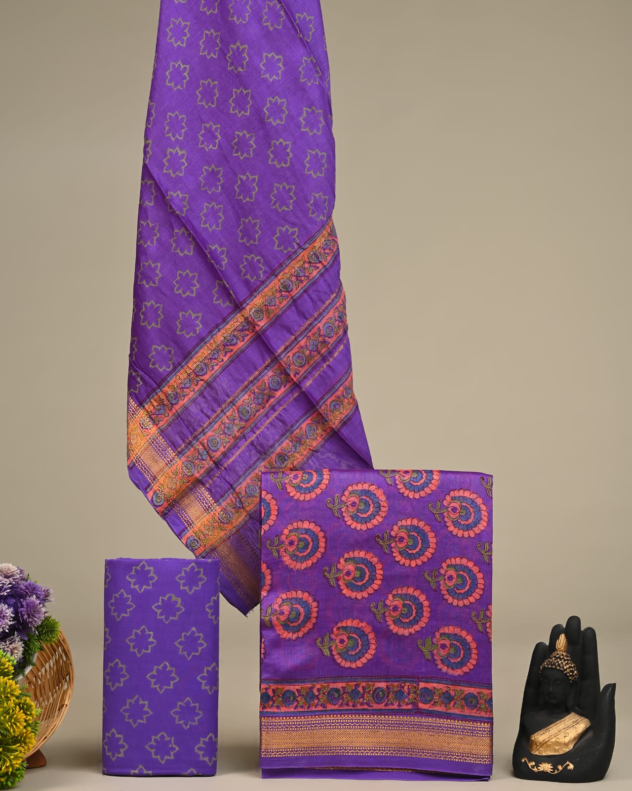 Purple pink Maheshwari silk dress material wholesale, handblock printed silk suit set by Fabtexs