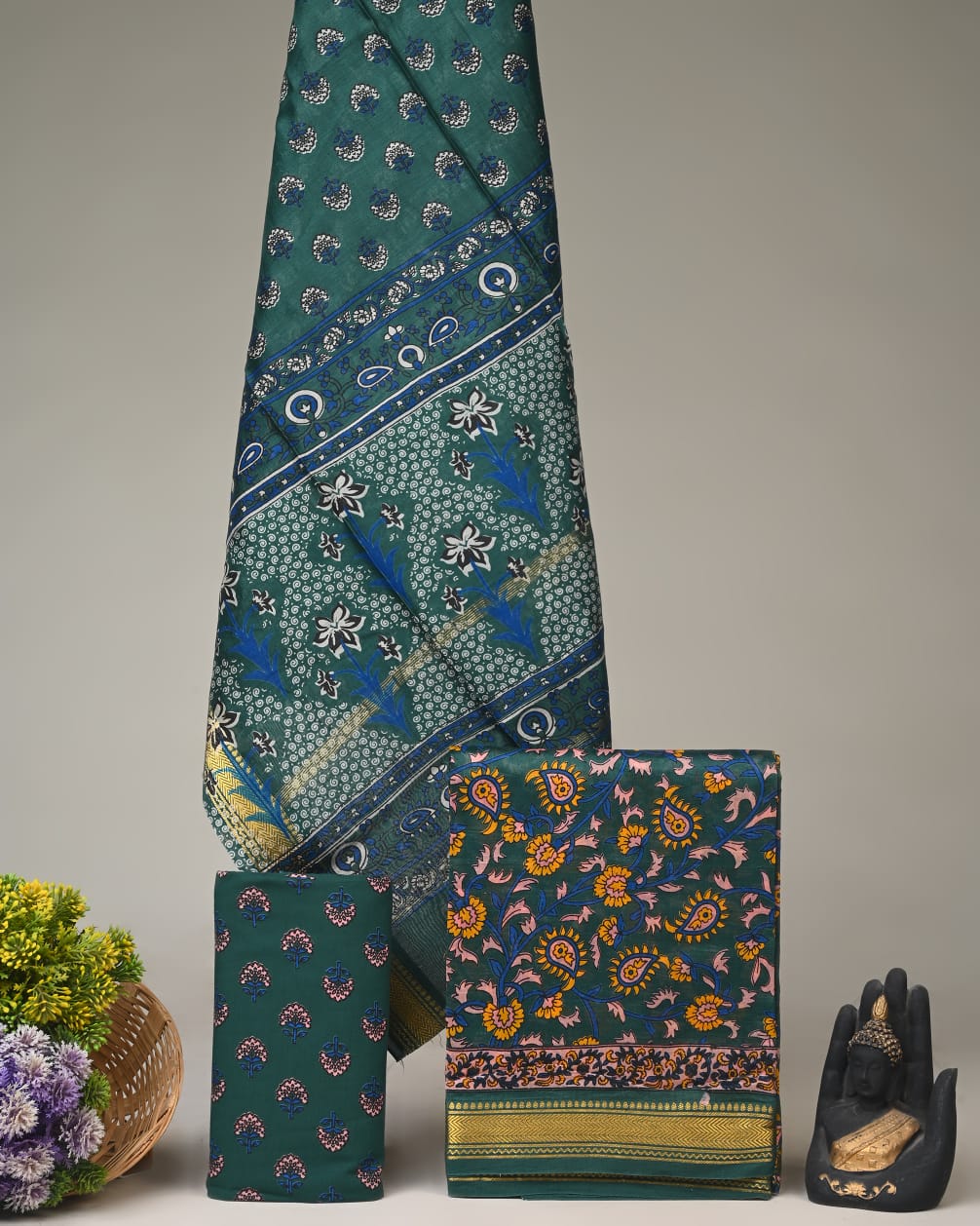 Rama green butti Maheshwari silk dress material wholesale, handblock printed silk suit set by Fabtexs