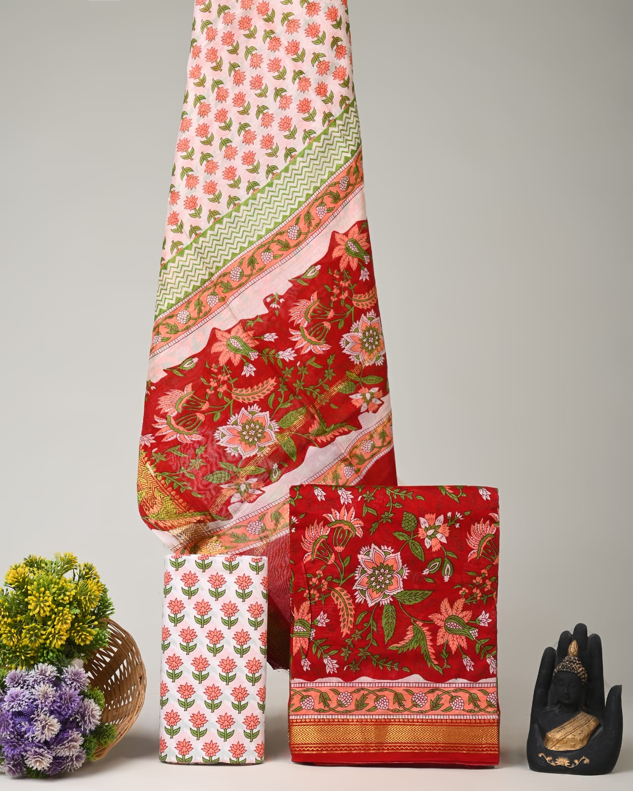 Red Maheshwari silk dress material wholesale, handblock printed silk suit set by Fabtexs