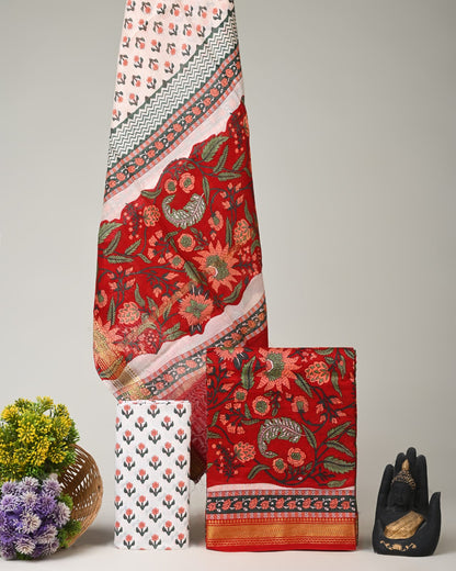 Red floral jaal Maheshwari silk dress material wholesale, handblock printed silk suit set by Fabtexs
