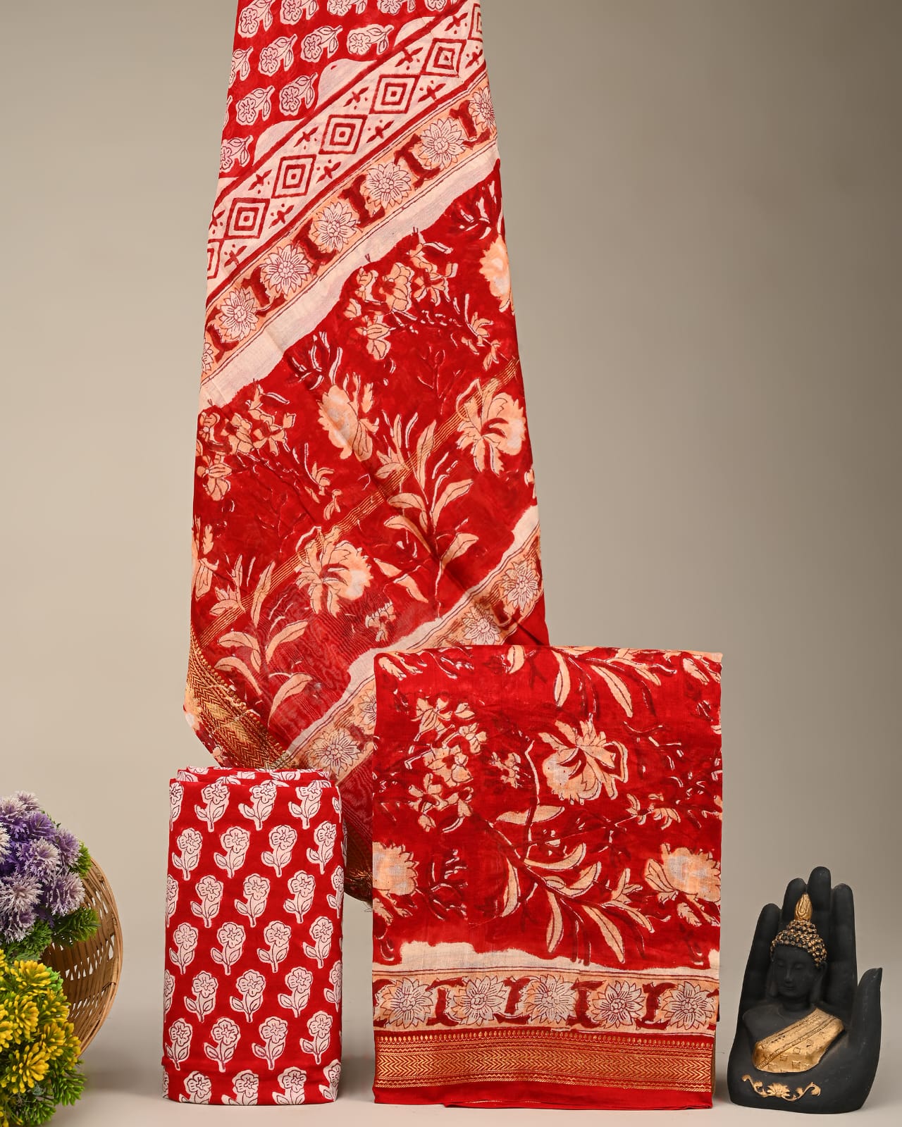 Red jaal Maheshwari silk dress material wholesale, handblock printed silk suit set by Fabtexs