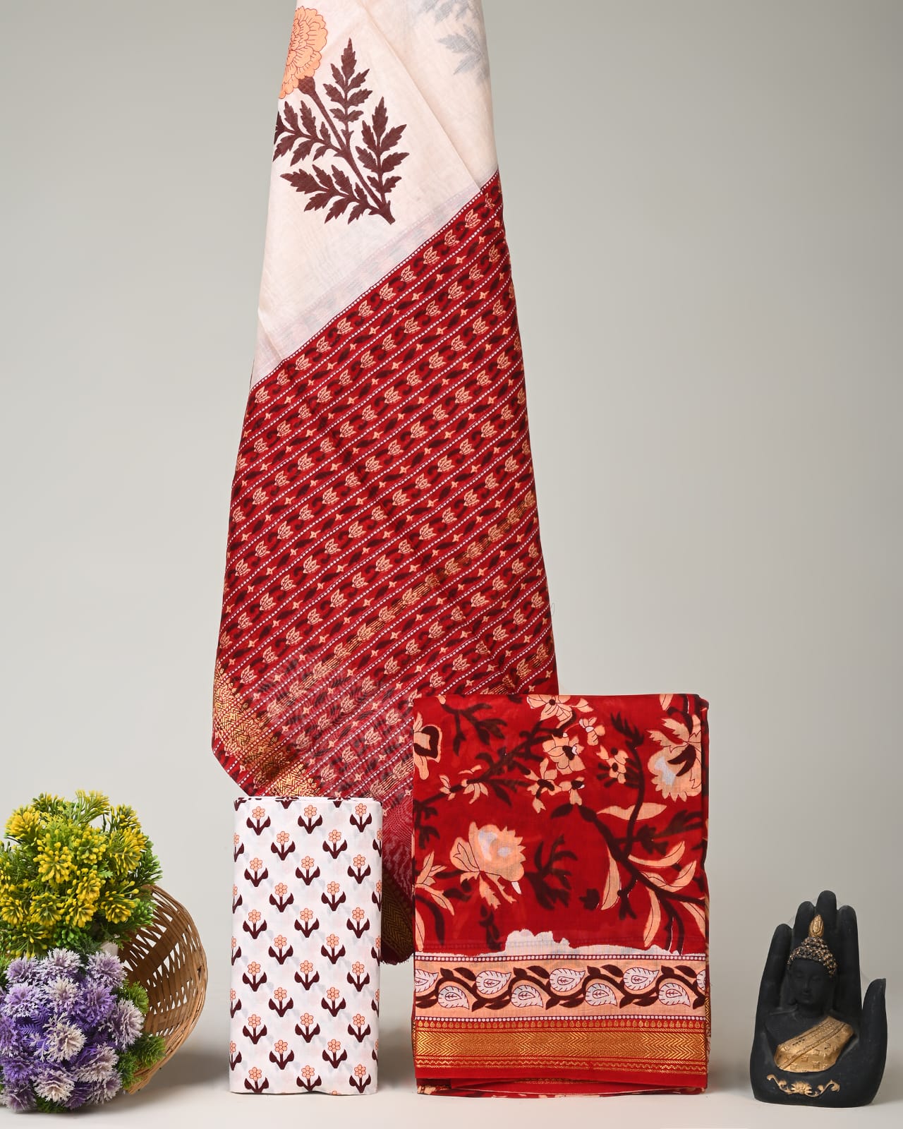 Red maroon jaal Maheshwari silk dress material wholesale, handblock printed silk suit set by Fabtexs