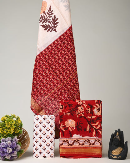 Red maroon jaal Maheshwari silk dress material wholesale, handblock printed silk suit set by Fabtexs