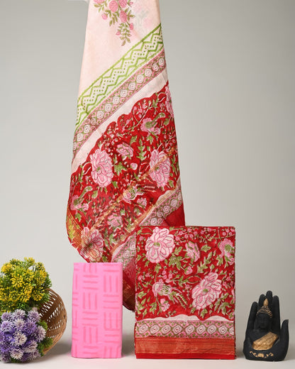 Red pink jaal Maheshwari silk dress material wholesale, handblock printed silk suit set by Fabtexs