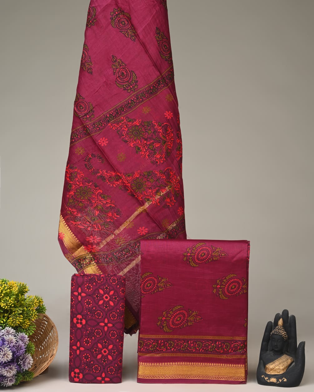 Wine Maheshwari silk dress material wholesale, handblock printed silk suit set by Fabtexs