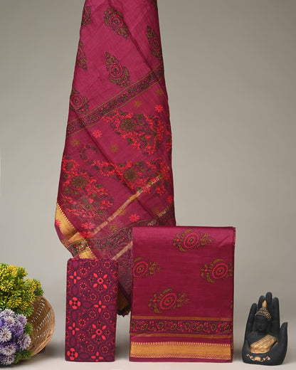 Wine Maheshwari silk dress material wholesale, handblock printed silk suit set by Fabtexs