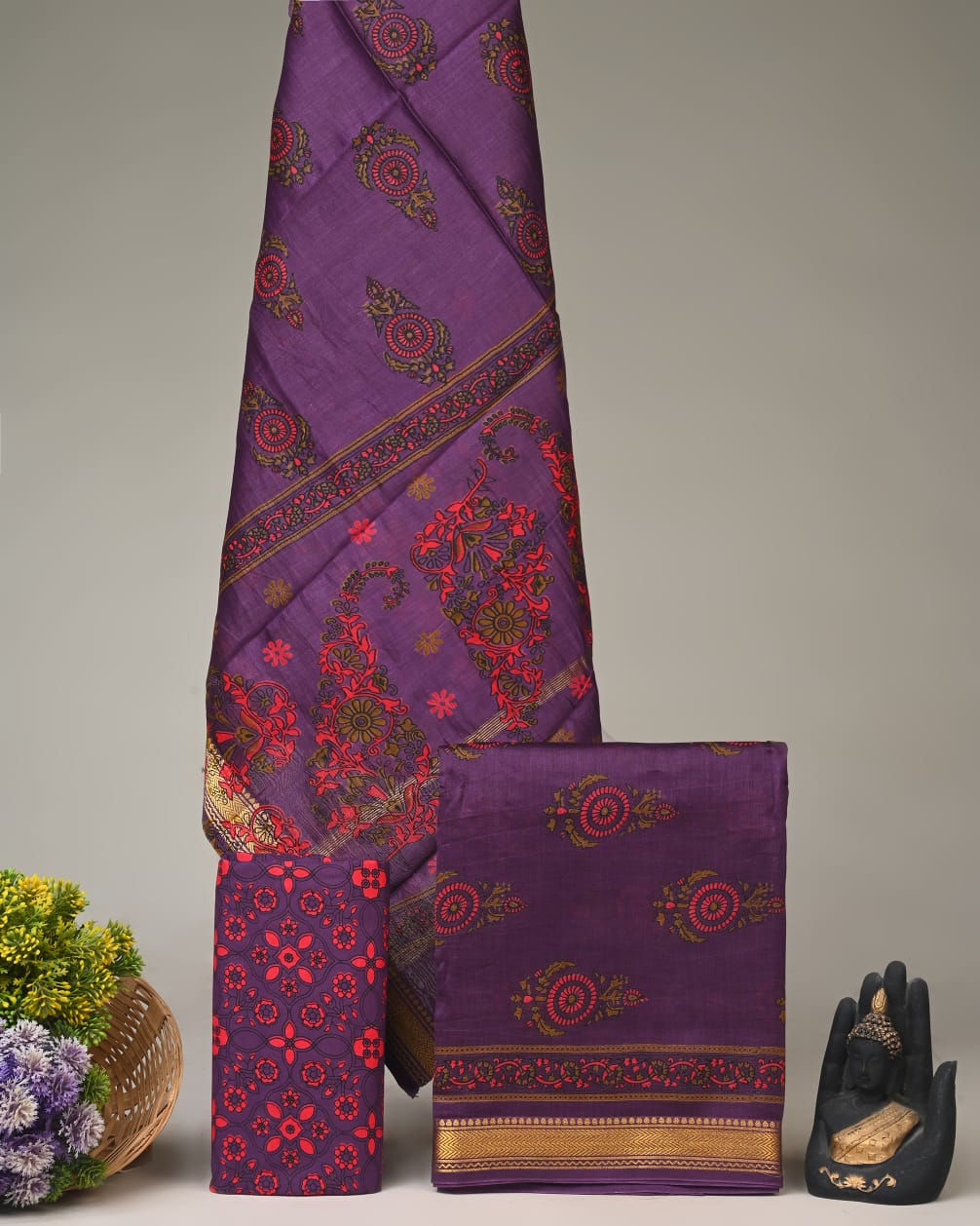 Wine pink butti Maheshwari silk dress material wholesale, handblock printed silk suit set by Fabtexs