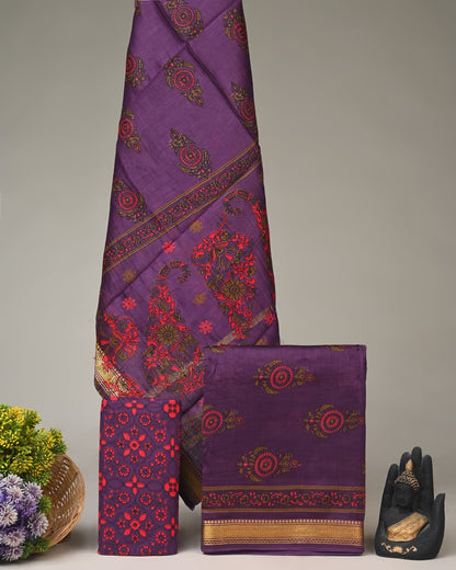 Wine pink butti Maheshwari silk dress material wholesale, handblock printed silk suit set by Fabtexs