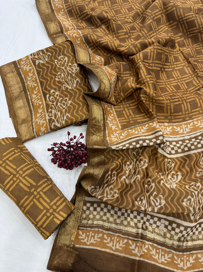 Maheshwari Silk Mustard Geometrical Design Dress Material handcrafted by Indian artisans