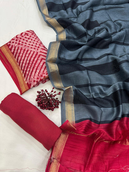 Maheshwari Silk Red Checks Dress Material for designer ethnic wear collections – Fabtexs