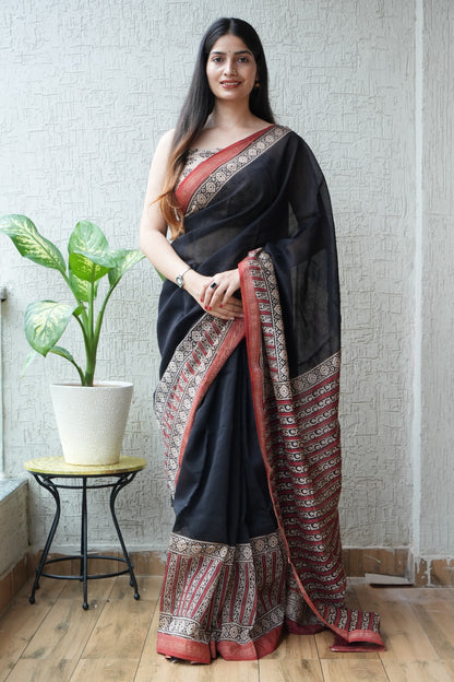 Maheshwari silk saree wholesale, hand block printed black maroon butta, pure silk saree by Fabtexs