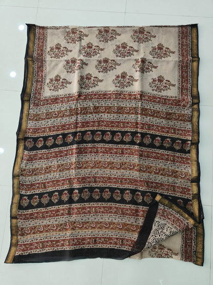 Maheshwari silk saree wholesale, hand block printed black mustard, pure silk saree by Fabtexs