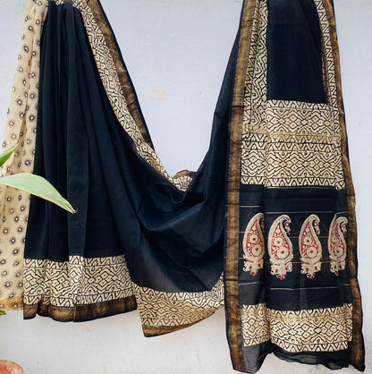 Maheshwari silk saree wholesale, hand block printed black paisley, pure silk saree by Fabtexs