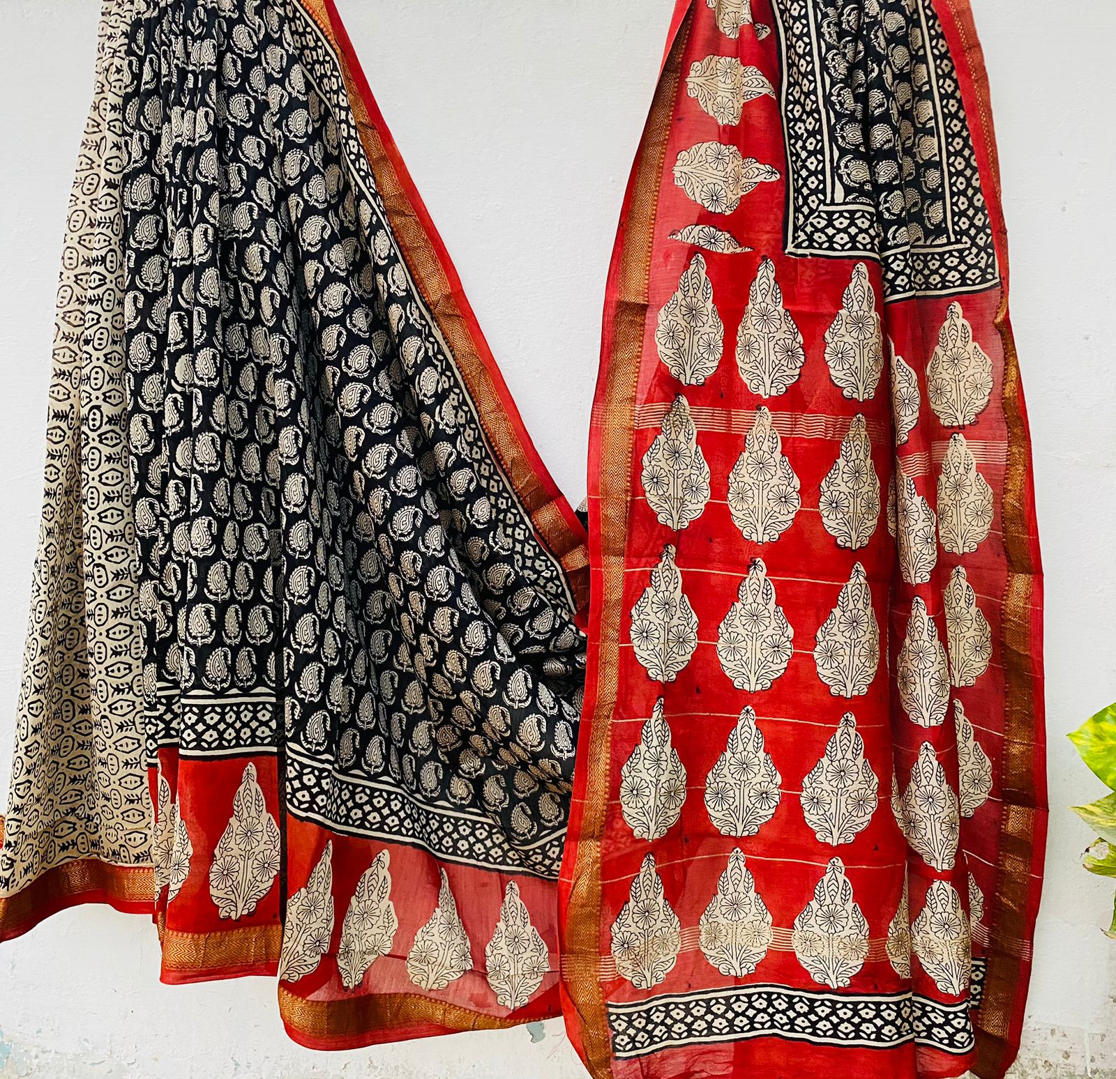 Maheshwari silk saree wholesale, hand block printed black red butta, pure silk saree by Fabtexs