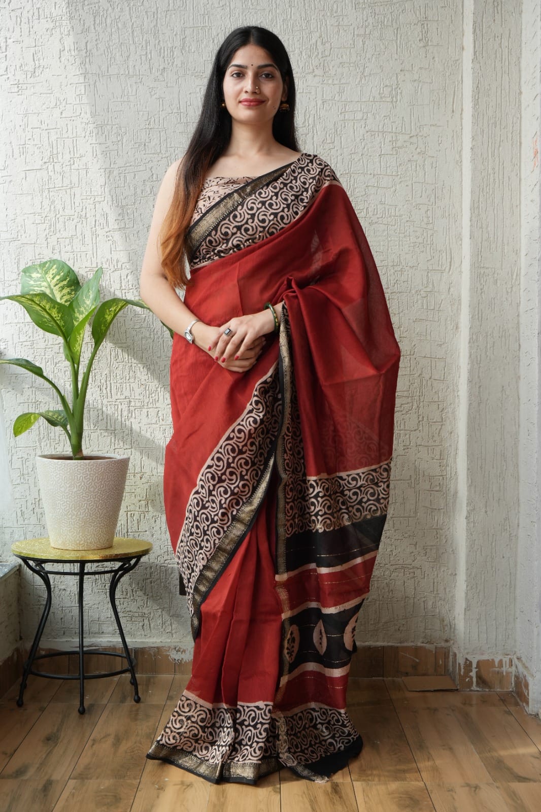 Maheshwari silk saree wholesale, hand block printed black red butta, pure silk saree by Fabtexs
