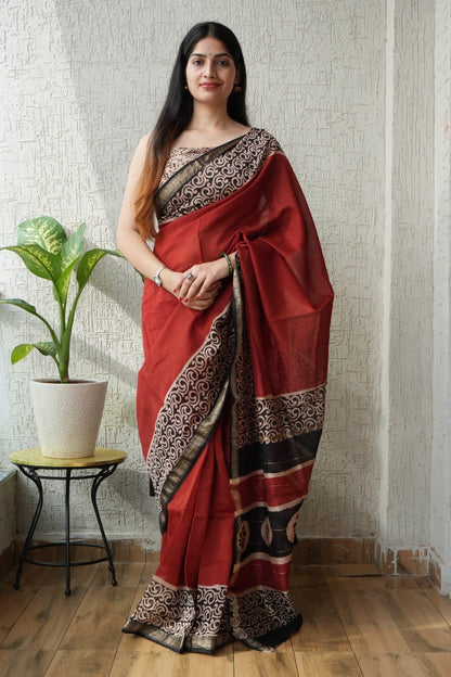 Maheshwari silk saree wholesale, hand block printed black red butta, pure silk saree by Fabtexs