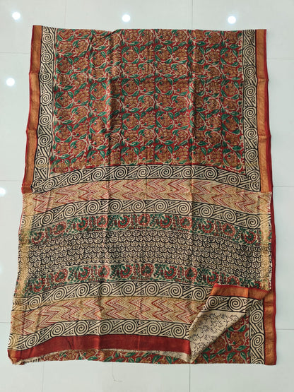 Maheshwari silk saree wholesale, hand block printed black red, pure silk saree by Fabtexs
