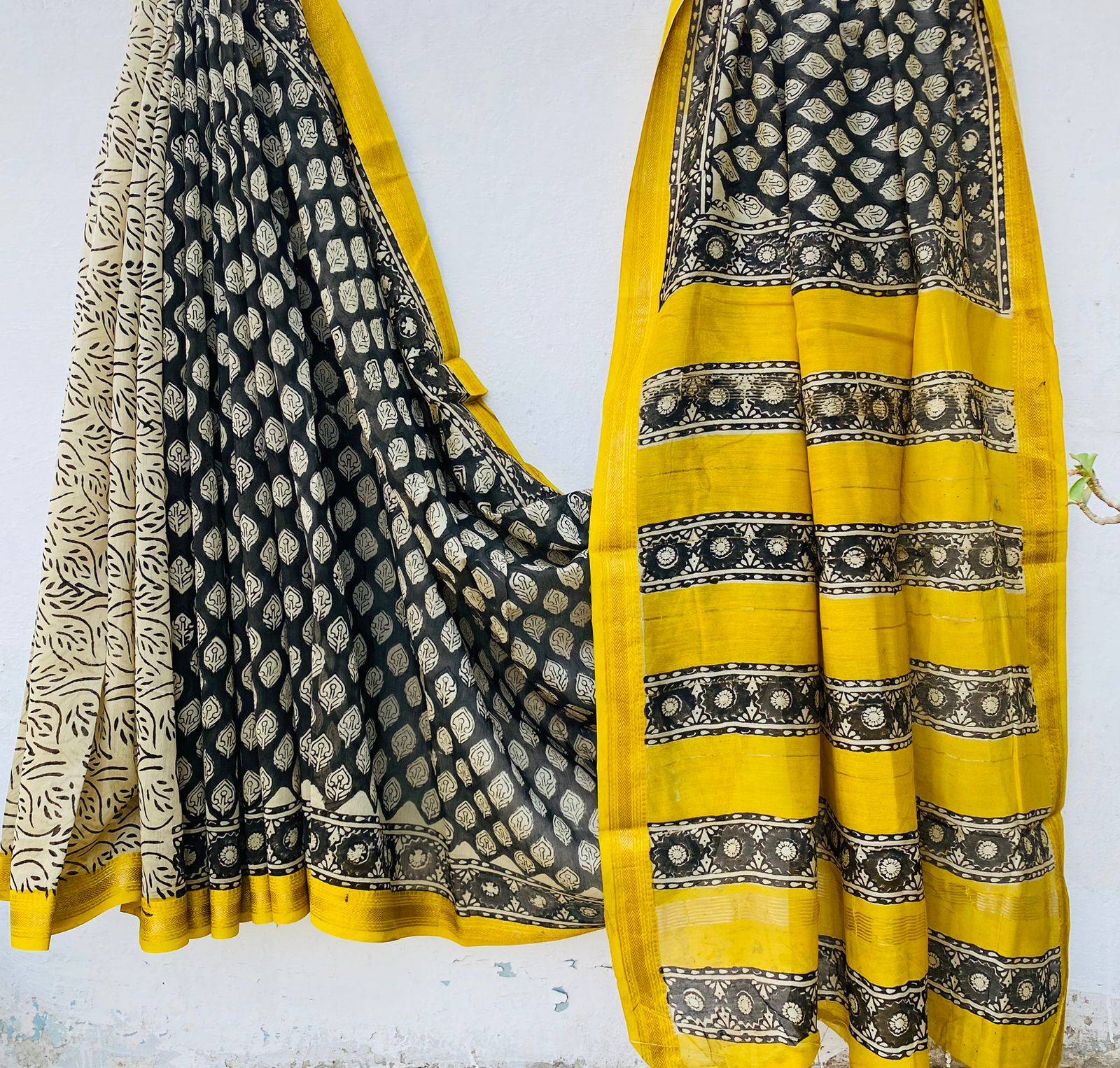 Maheshwari silk saree wholesale, hand block printed black yellow, pure silk saree by Fabtexs