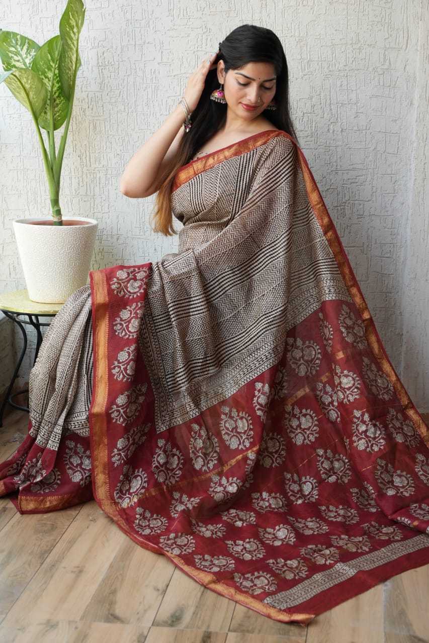 Maheshwari silk saree wholesale, hand block printed black yellow, pure silk saree by Fabtexs
