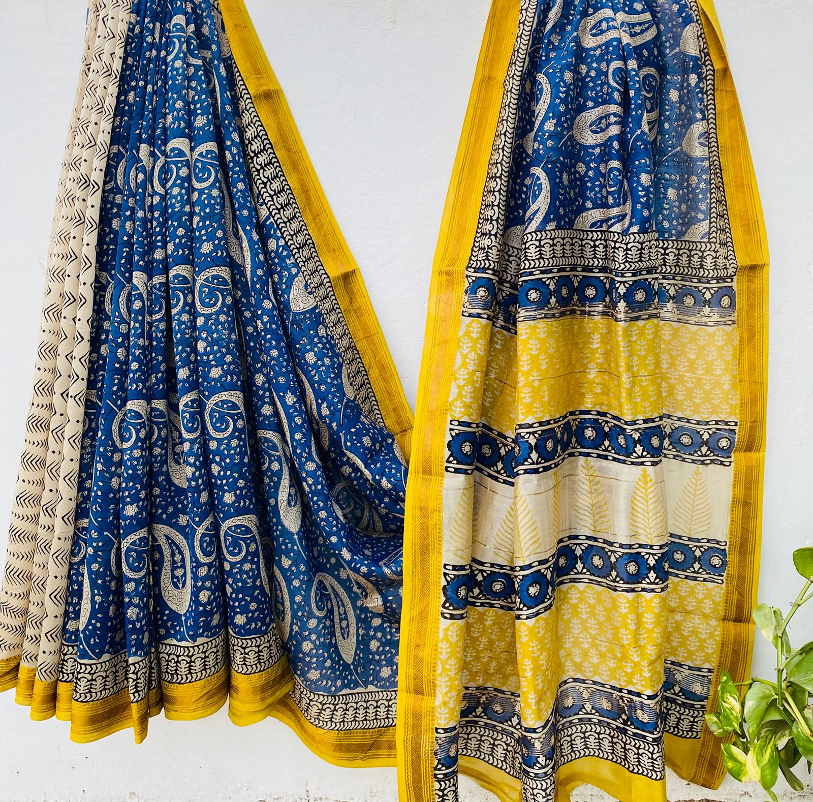 Maheshwari silk saree wholesale, hand block printed blue yellow paisley, pure silk saree by Fabtexs
