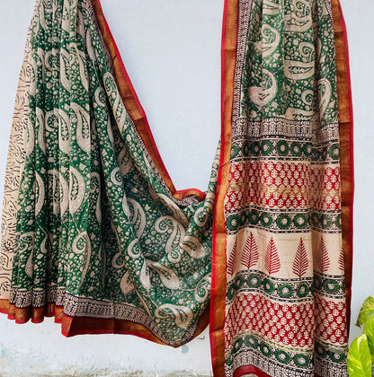 Maheshwari silk saree wholesale, hand block printed green paisley, pure silk saree by Fabtexs