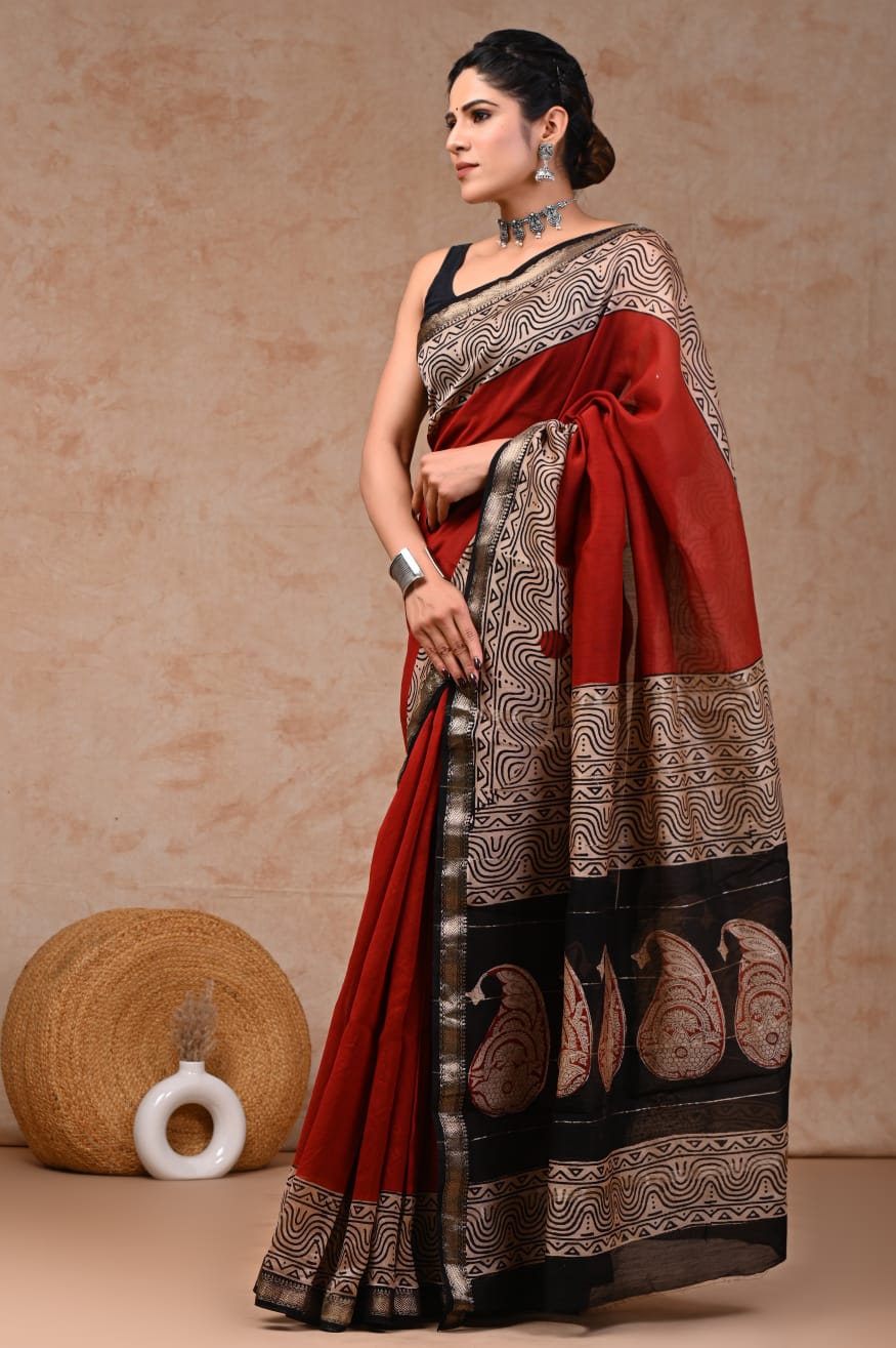 Maheshwari silk saree wholesale, hand block printed green paisley, pure silk saree by Fabtexs