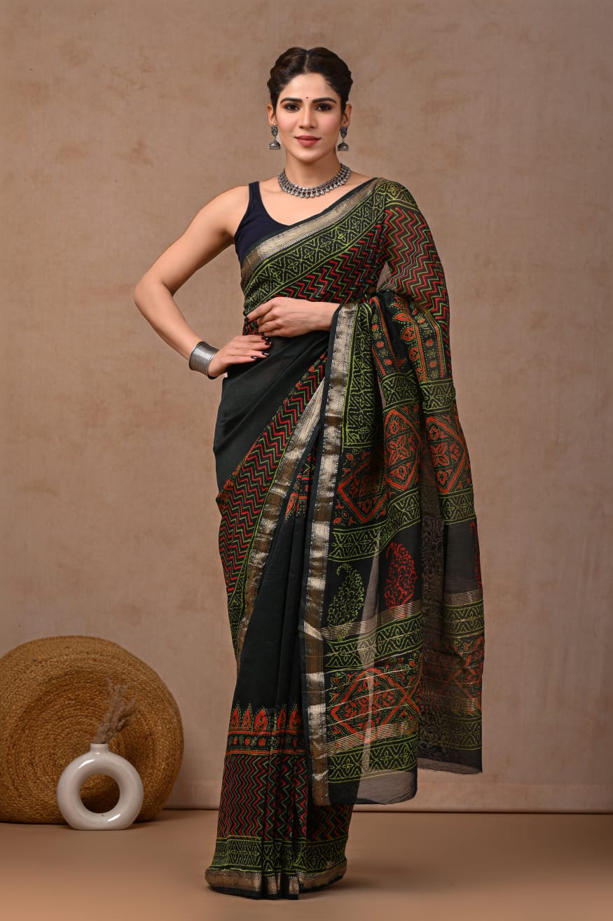 Maheshwari silk saree wholesale, hand block printed indigo geometrical design, pure silk saree by Fabtexs