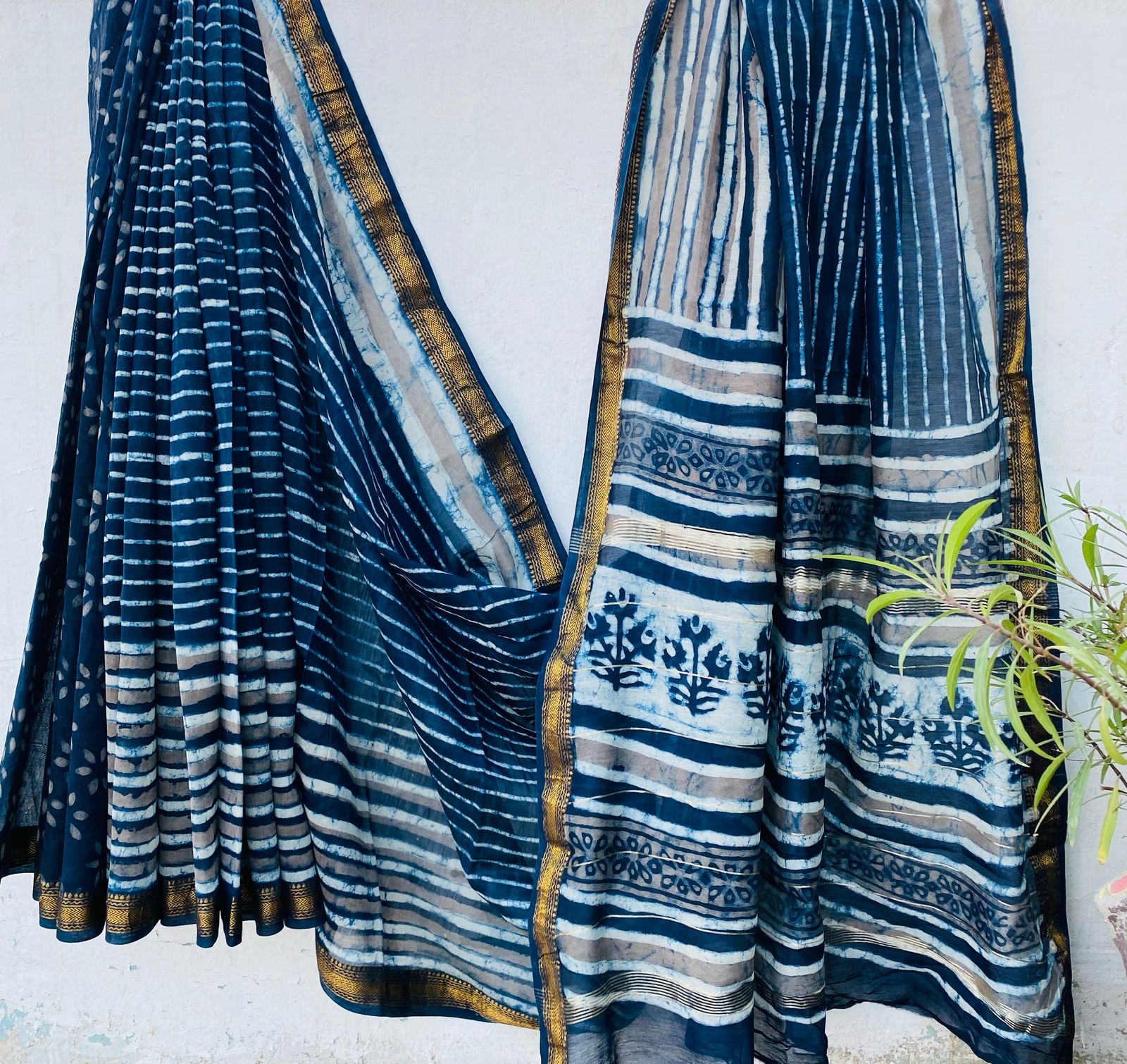 Maheshwari silk saree wholesale, hand block printed indigo stripes, pure silk saree by Fabtexs