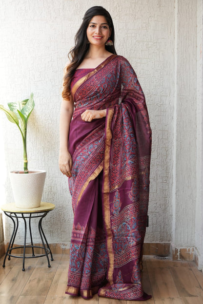 Maheshwari silk saree wholesale, hand block printed indigo stripes, pure silk saree by Fabtexs