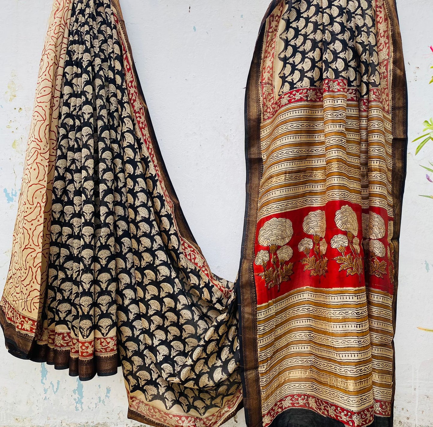 Maheshwari silk saree wholesale, hand block printed maroon black mustard, pure silk saree by Fabtexs