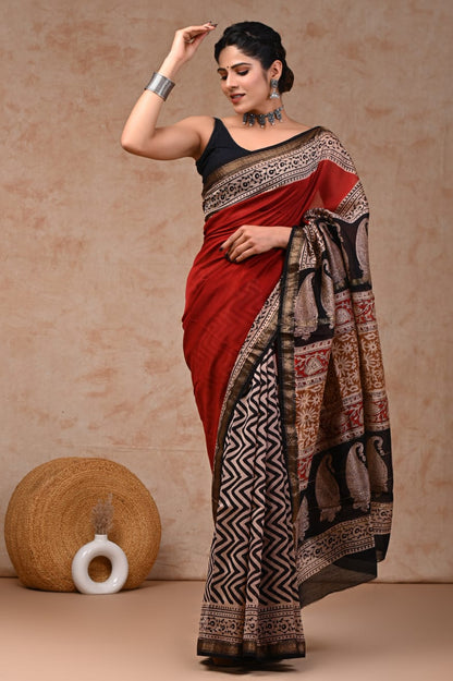 Maheshwari silk saree wholesale, hand block printed maroon black mustard, pure silk saree by Fabtexs