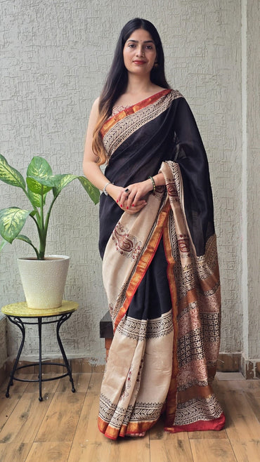 Maheshwari silk saree wholesale, hand block printed maroon black paisley border, pure silk saree by Fabtexs