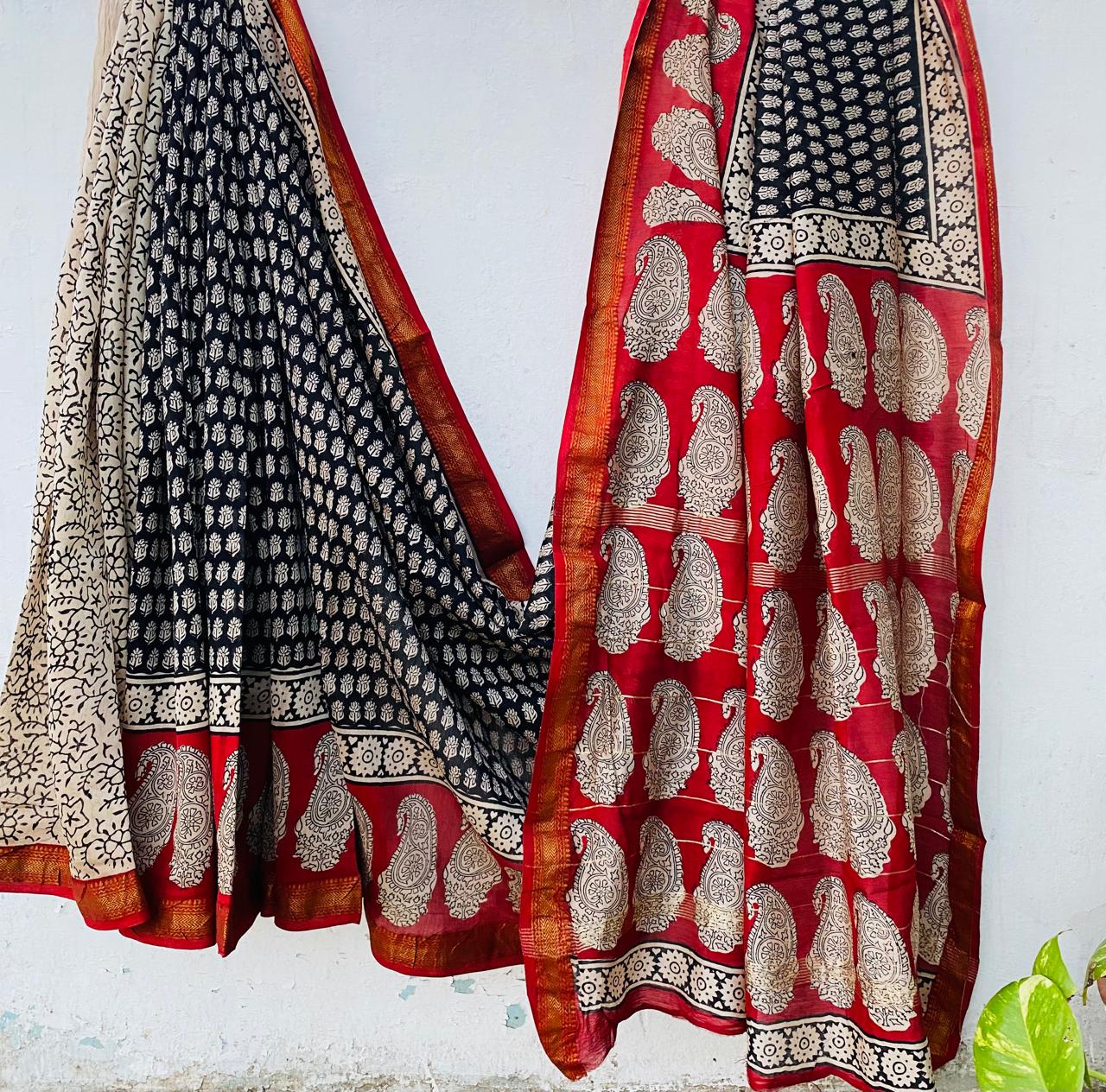 Maheshwari silk saree wholesale, hand block printed maroon black paisley, pure silk saree by Fabtexs