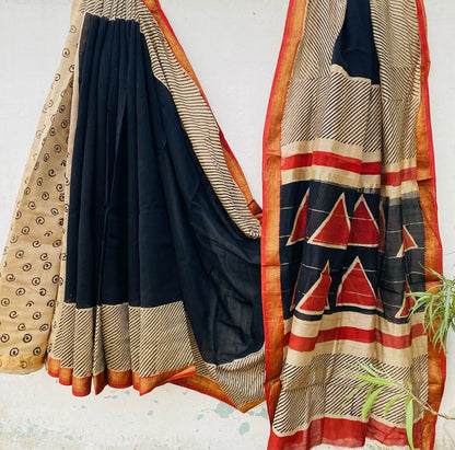 Maheshwari silk saree wholesale, hand block printed maroon black triangle motif, pure silk saree by Fabtexs